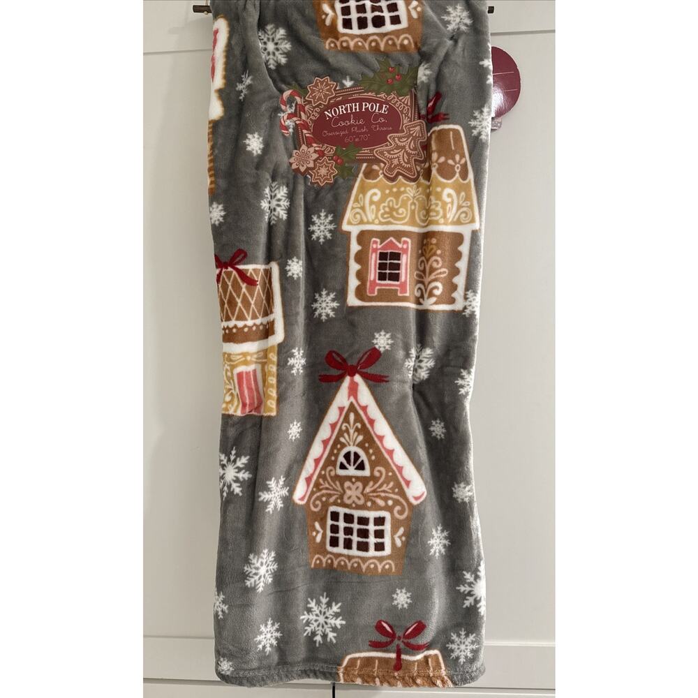 North Pole Cookie Co. Plush Throw Blanket 60x70 Grey Gingerbread House